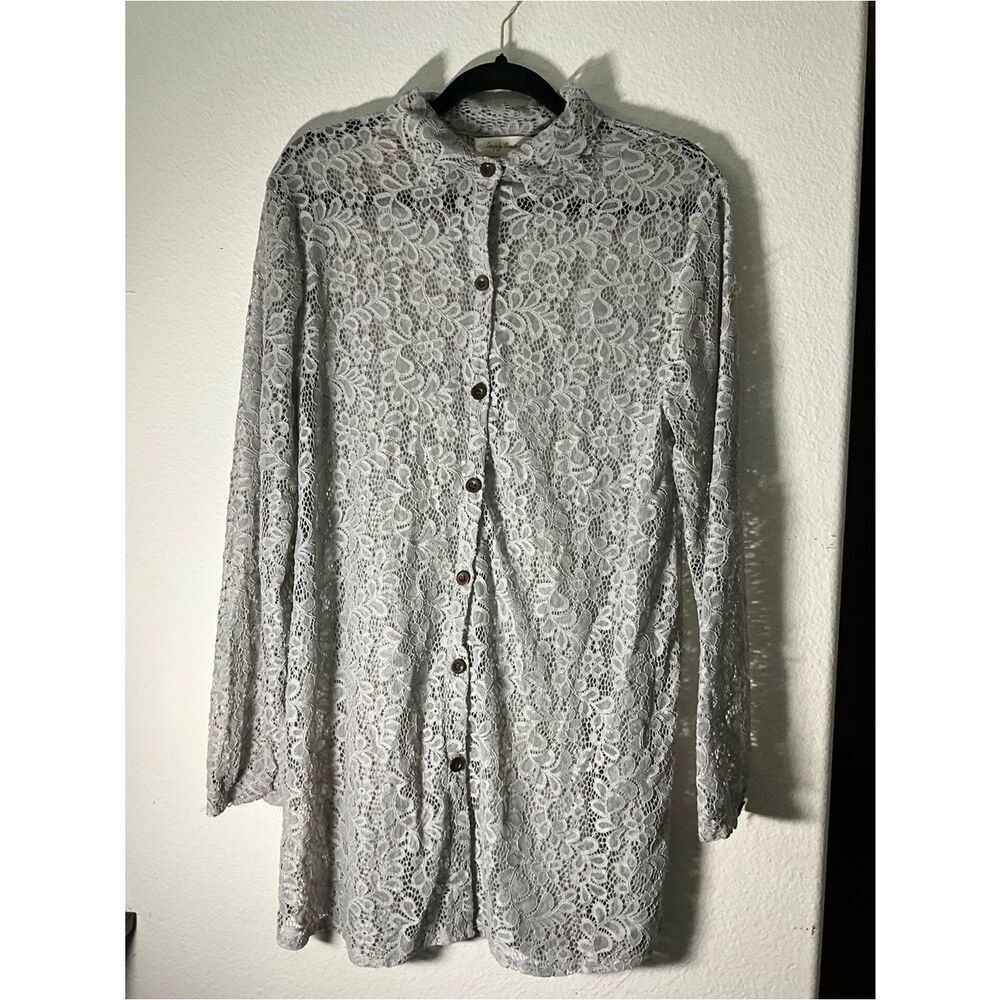Light Gray Lace Button-Up Long Sleeve Top